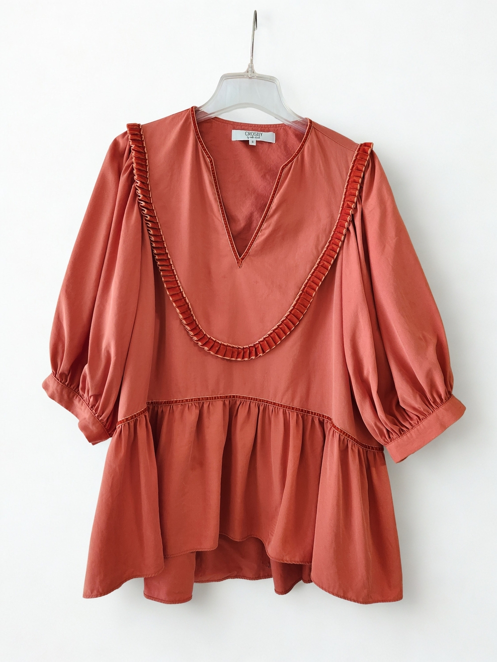 Crosby Boho Chic Peasant Top in Orange/Rust - Ruffle V-Neck Peplum - SZS